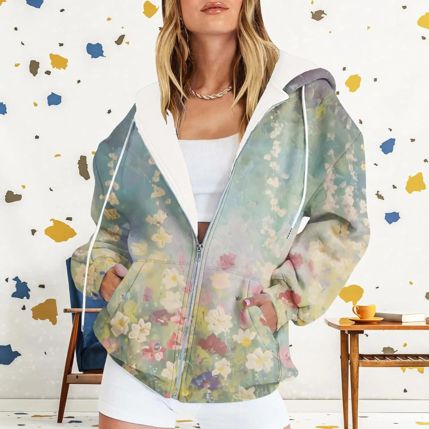 Oversized Zip Up Hoodie for Women 2024 Fall Trendy Graphic Sweatshirt Drawstring Jacket Coat with Pockets S-5XL