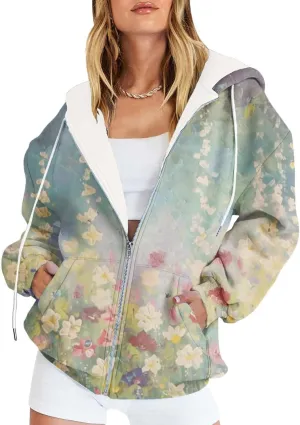 Oversized Zip Up Hoodie for Women 2024 Fall Trendy Graphic Sweatshirt Drawstring Jacket Coat with Pockets S-5XL