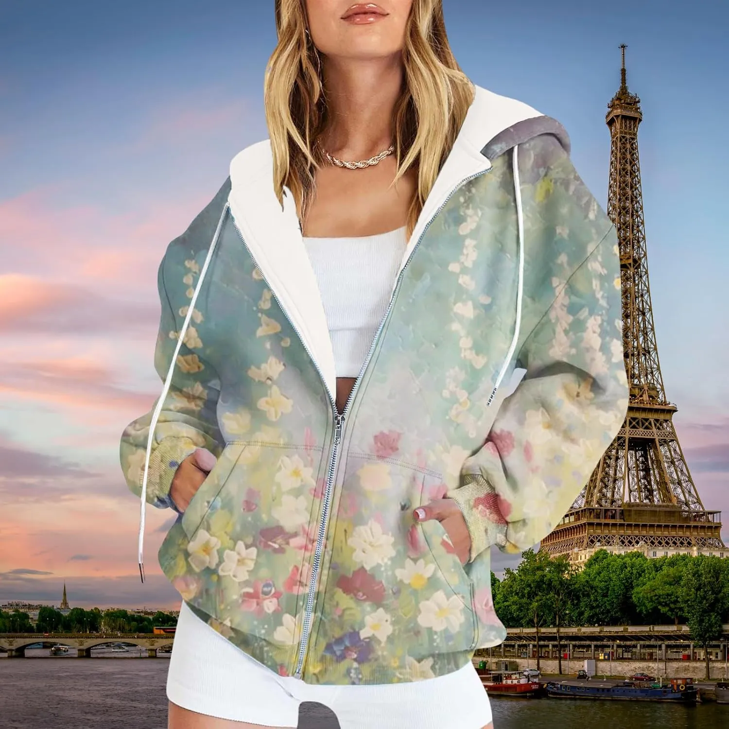 Oversized Zip Up Hoodie for Women 2024 Fall Trendy Graphic Sweatshirt Drawstring Jacket Coat with Pockets S-5XL