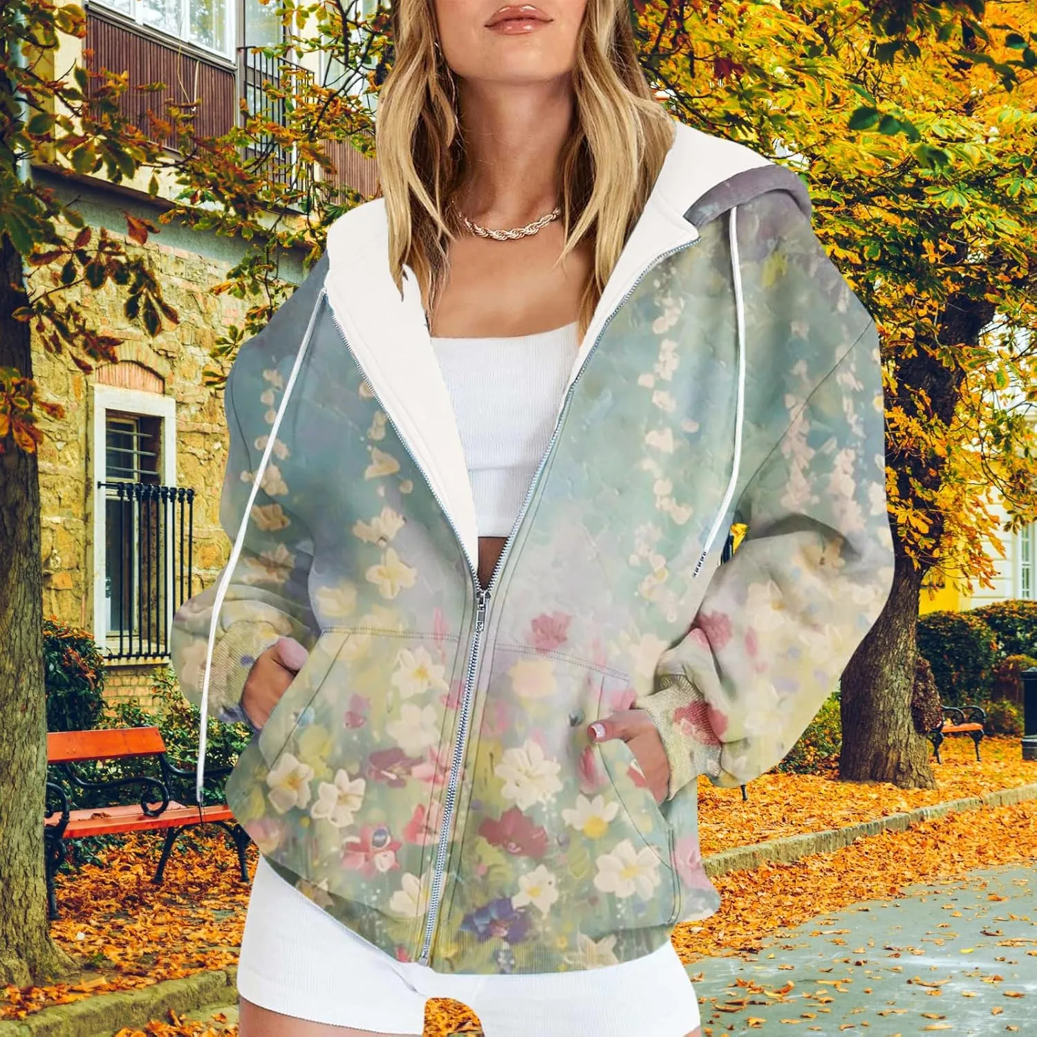 Oversized Zip Up Hoodie for Women 2024 Fall Trendy Graphic Sweatshirt Drawstring Jacket Coat with Pockets S-5XL