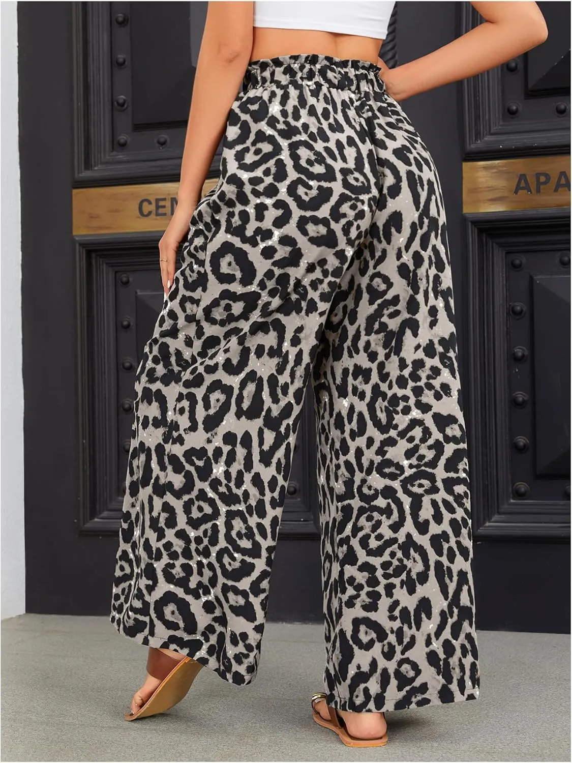 OYOANGLE Women's Leopard Print Elastic High Waist Wide Leg Pants Tie Front Pockets Loose Casual Trousers