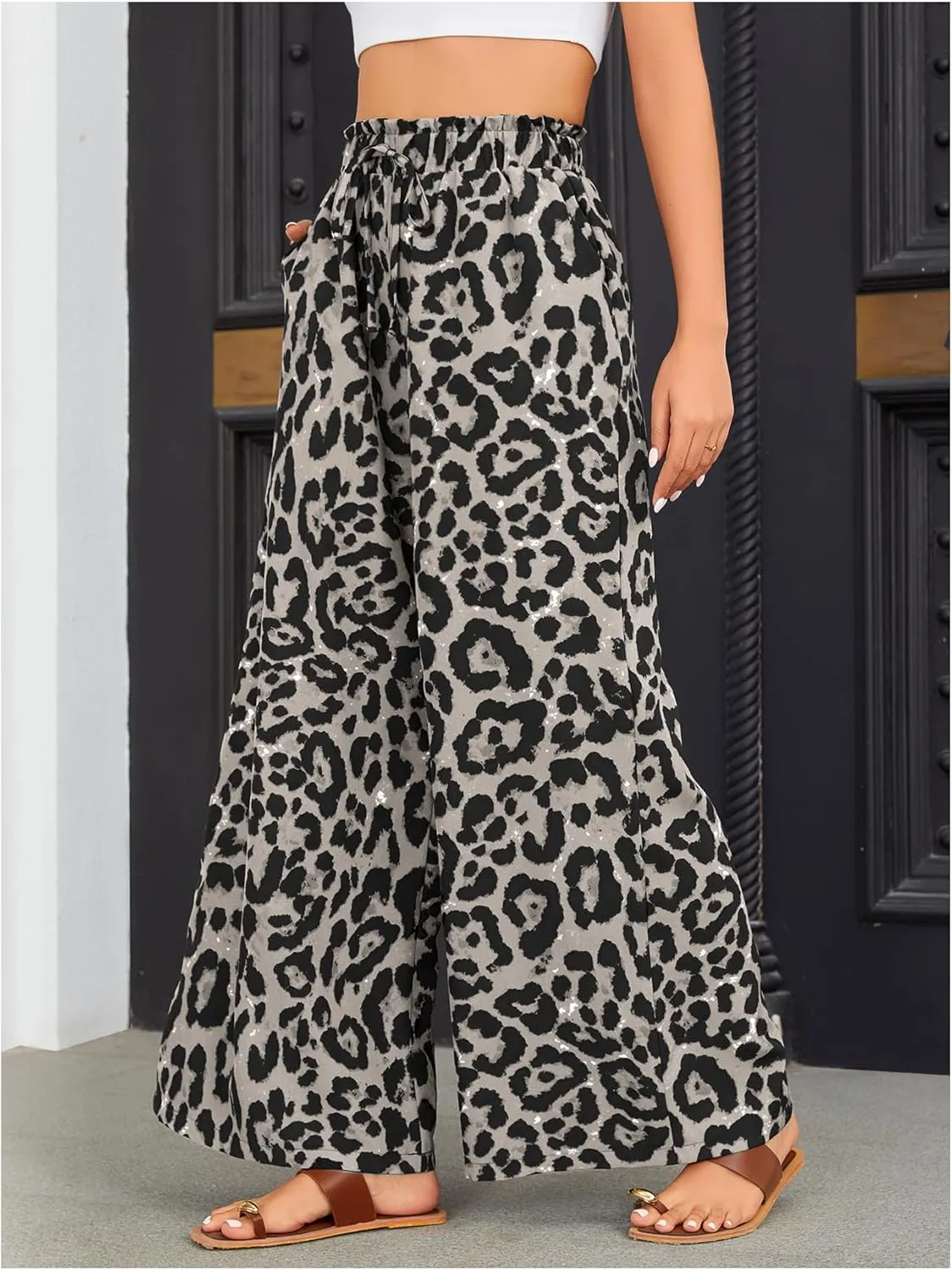 OYOANGLE Women's Leopard Print Elastic High Waist Wide Leg Pants Tie Front Pockets Loose Casual Trousers
