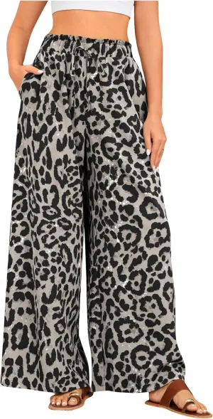 OYOANGLE Women's Leopard Print Elastic High Waist Wide Leg Pants Tie Front Pockets Loose Casual Trousers