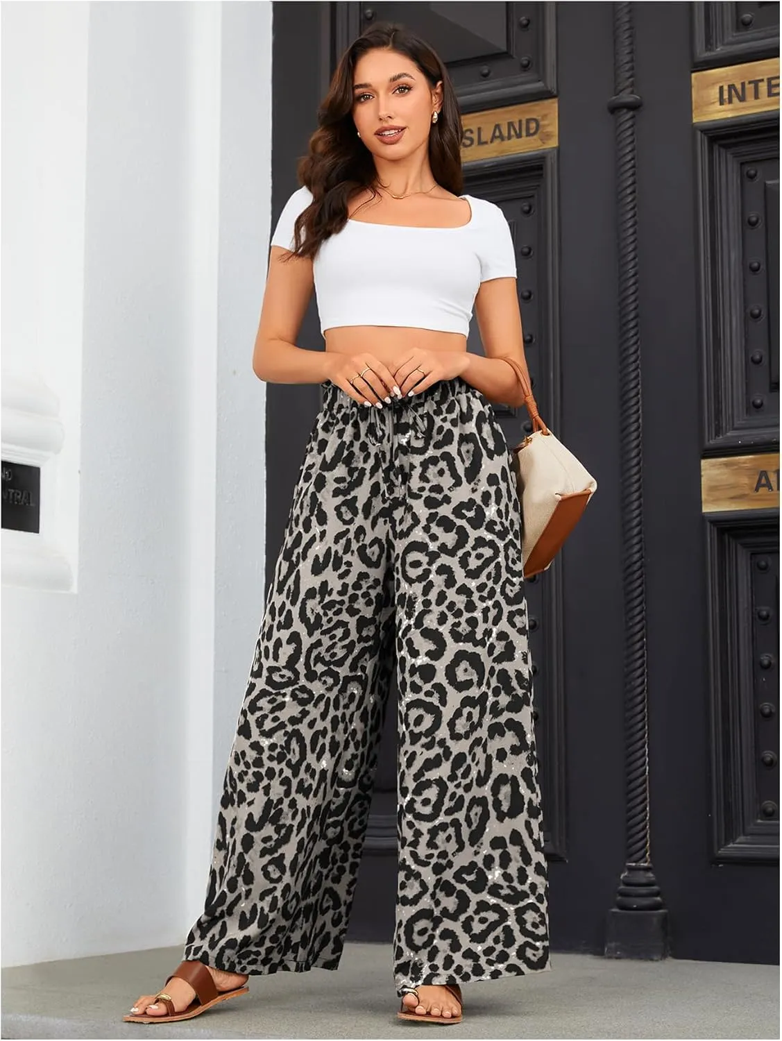 OYOANGLE Women's Leopard Print Elastic High Waist Wide Leg Pants Tie Front Pockets Loose Casual Trousers