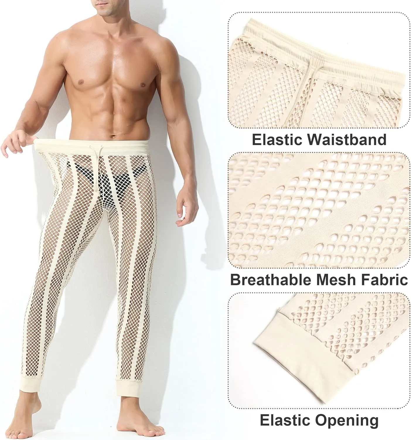 Panegy Men's Fishnet Legging Pants & Shorts Mesh Drawstring Loose Lounge Pants Swim Shorts