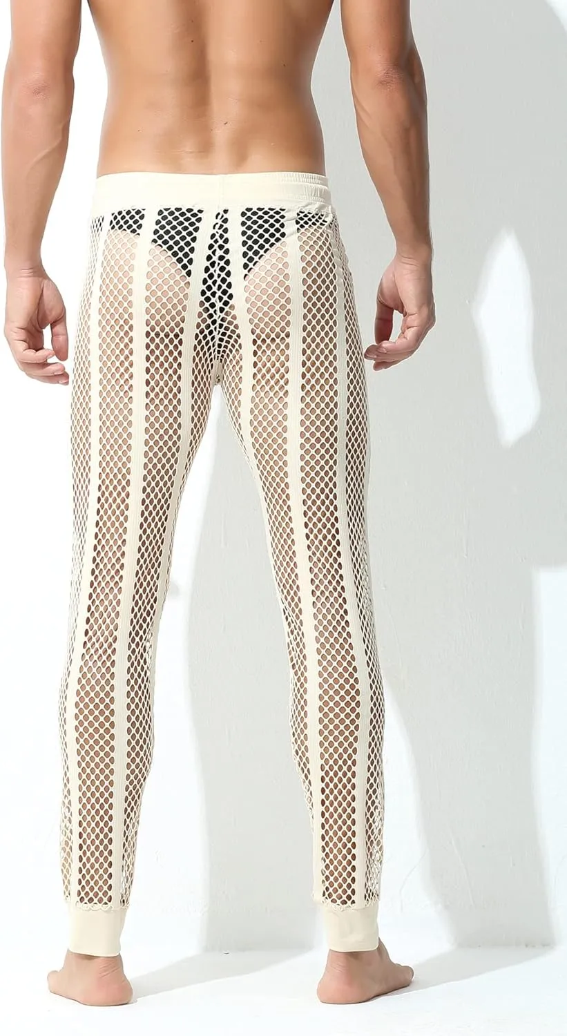 Panegy Men's Fishnet Legging Pants & Shorts Mesh Drawstring Loose Lounge Pants Swim Shorts