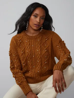 Pearl Embellished Cable Knit Sweater