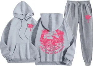 Pink Tracksuit For Women Y2K Drawstring Pullover Shirt Jogger Sweatpant Aesthetic Preppy Hoodies For Teen Girls Baggy