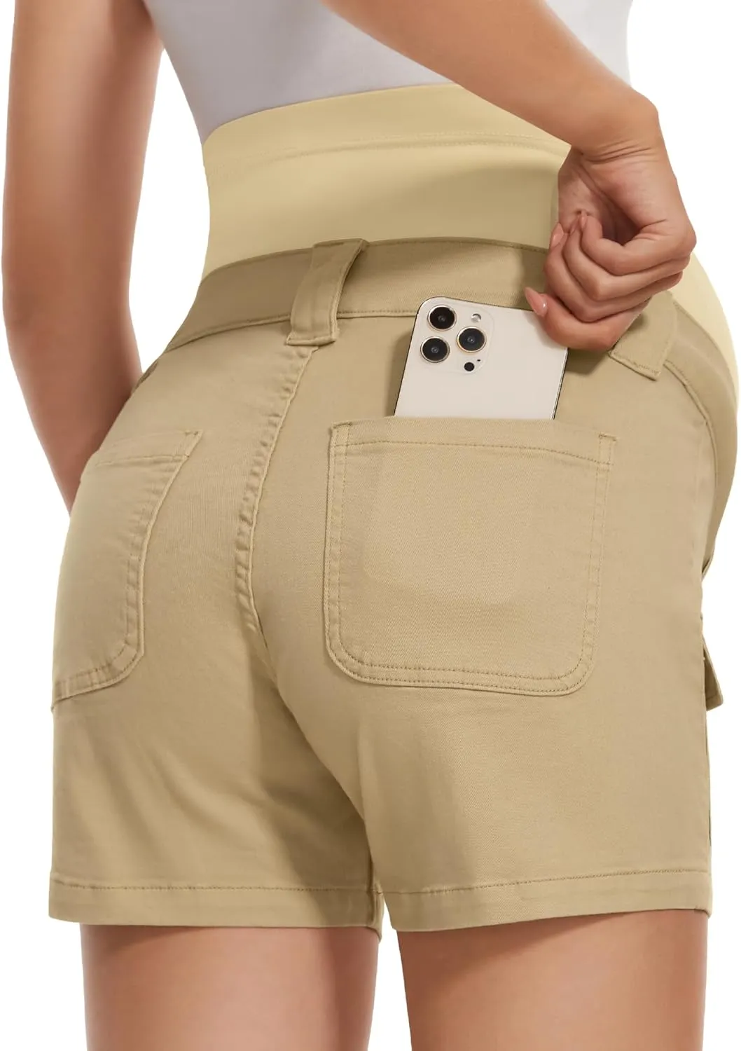 POSHGLAM Women's Maternity Cargo Shorts Over Belly Stretchy Comfy Cotton Jean Shorts with 6 Pockets