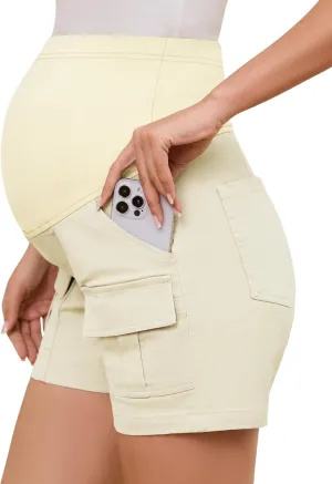 POSHGLAM Women's Maternity Cargo Shorts Over Belly Stretchy Comfy Cotton Jean Shorts with 6 Pockets