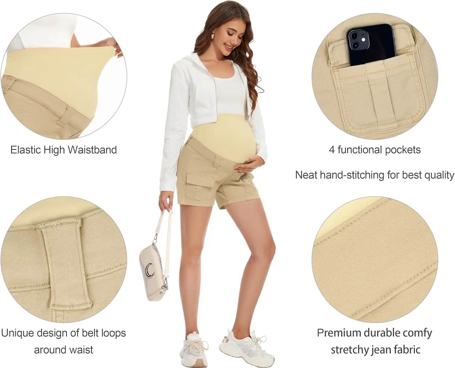 POSHGLAM Women's Maternity Cargo Shorts Over Belly Stretchy Comfy Cotton Jean Shorts with 6 Pockets