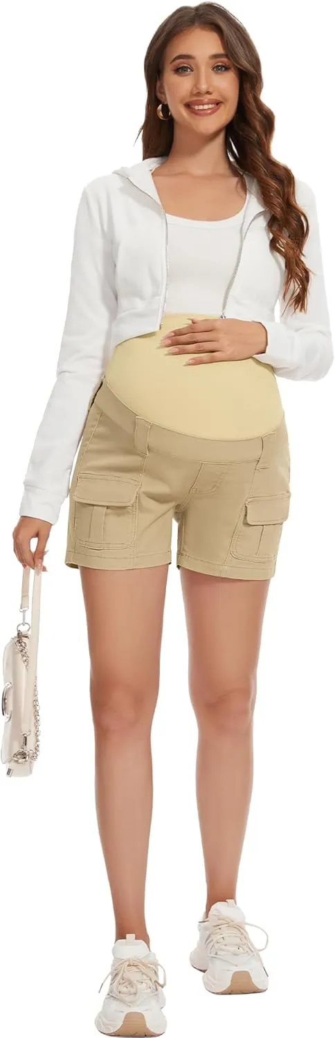 POSHGLAM Women's Maternity Cargo Shorts Over Belly Stretchy Comfy Cotton Jean Shorts with 6 Pockets