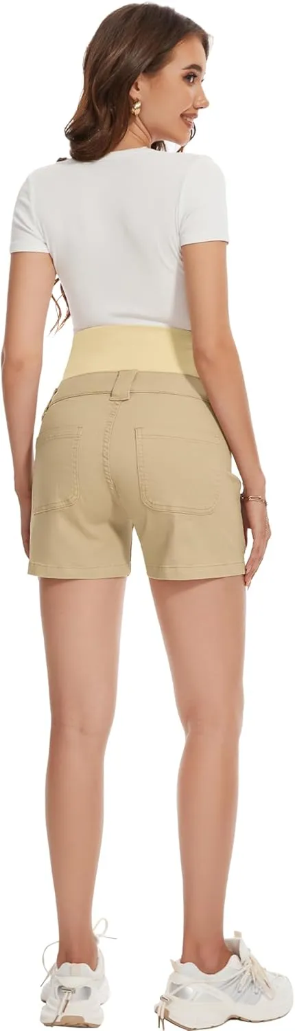 POSHGLAM Women's Maternity Cargo Shorts Over Belly Stretchy Comfy Cotton Jean Shorts with 6 Pockets