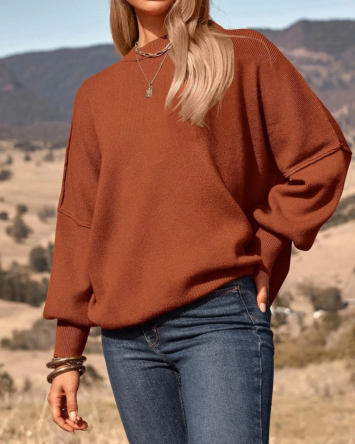 PRETTYGARDEN Women's Oversized Sweater 2025 Casual Spring Outfits Crewneck Long Sleeve Loose Slit Rib Knit Pullover Tops