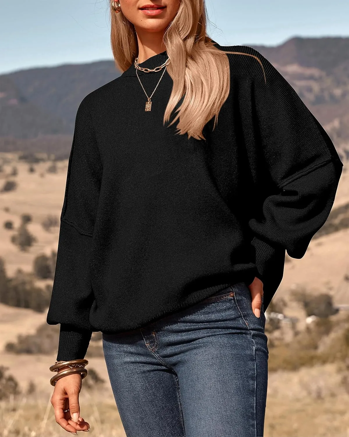 PRETTYGARDEN Women's Oversized Sweater 2025 Casual Spring Outfits Crewneck Long Sleeve Loose Slit Rib Knit Pullover Tops
