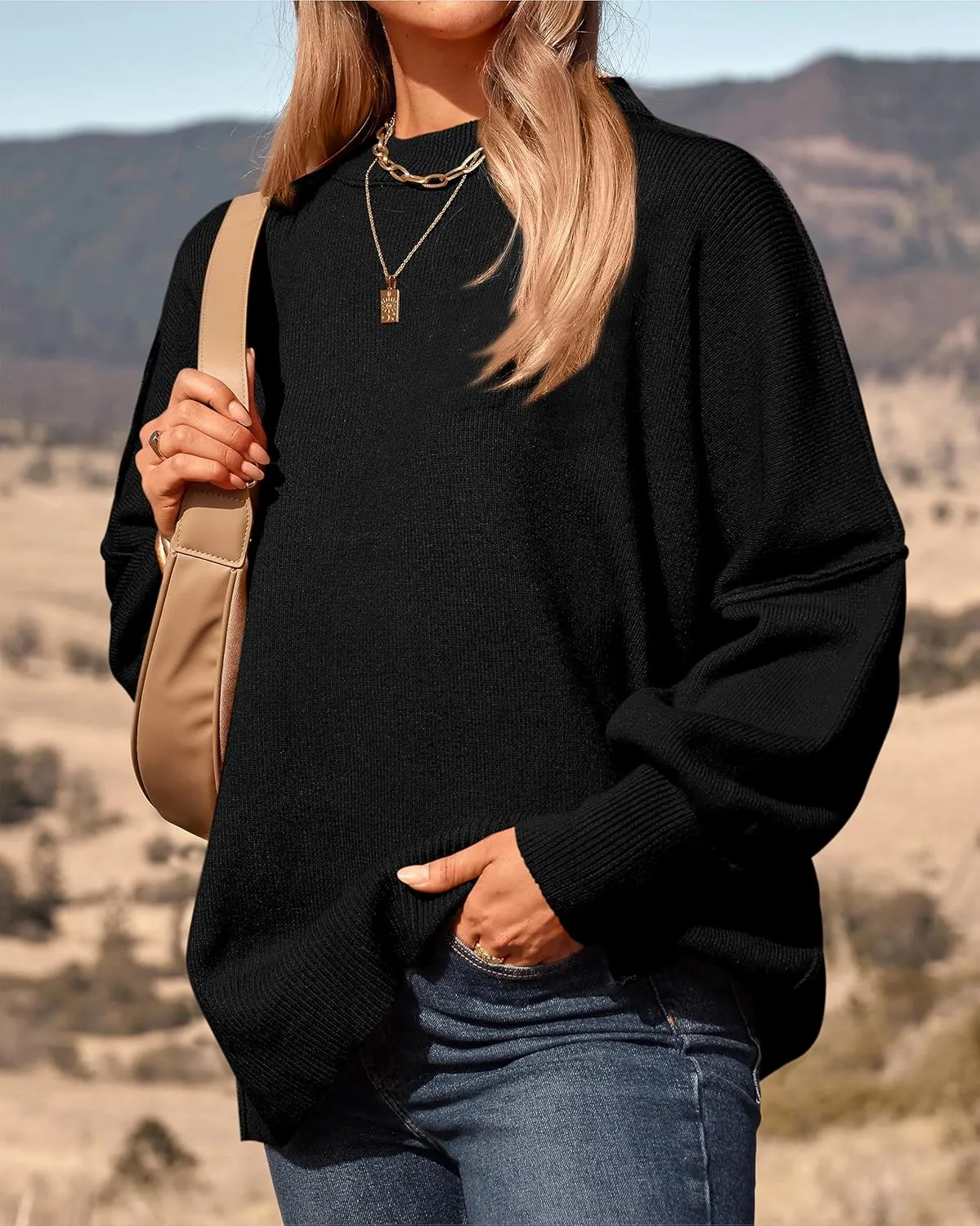 PRETTYGARDEN Women's Oversized Sweater 2025 Casual Spring Outfits Crewneck Long Sleeve Loose Slit Rib Knit Pullover Tops