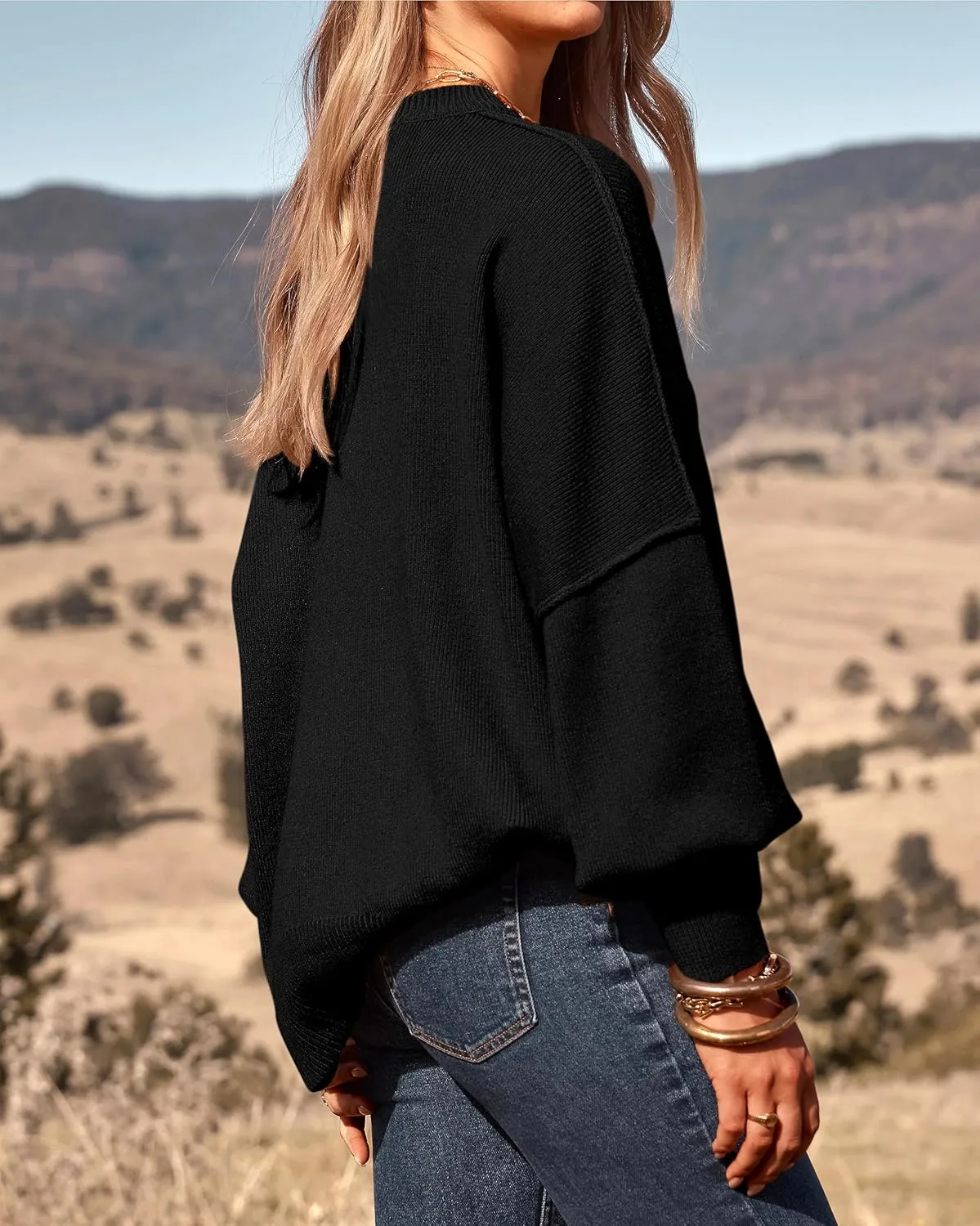 PRETTYGARDEN Women's Oversized Sweater 2025 Casual Spring Outfits Crewneck Long Sleeve Loose Slit Rib Knit Pullover Tops