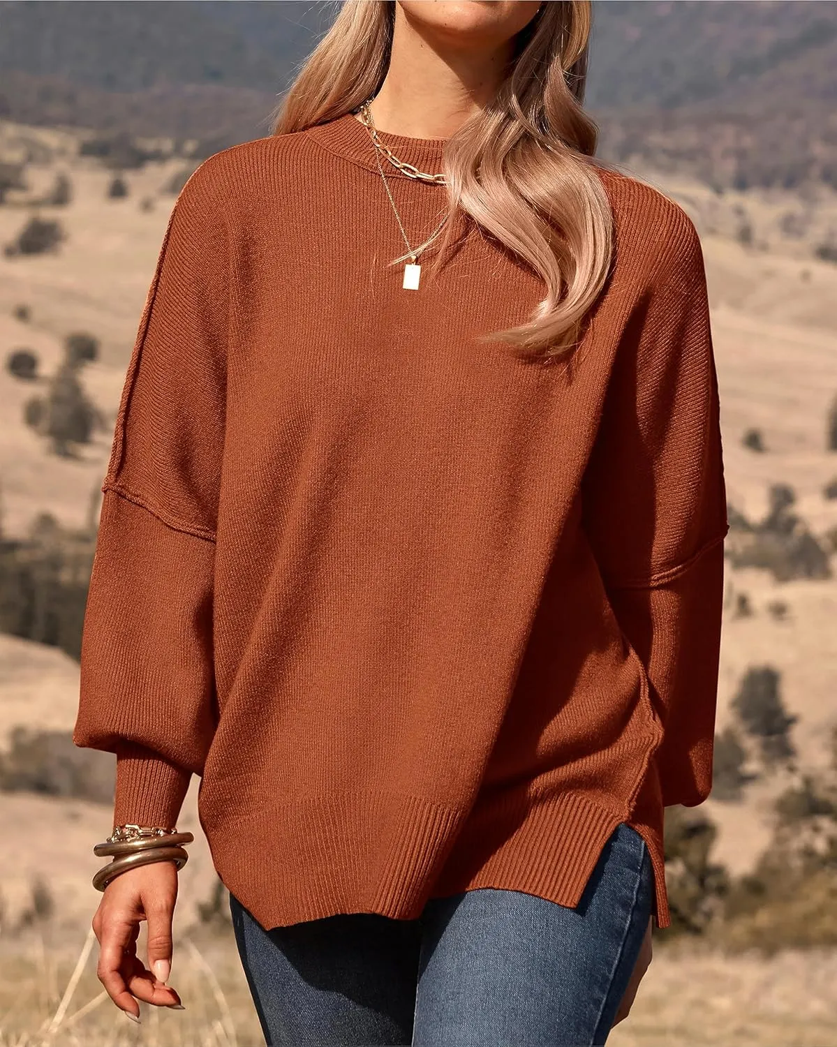 PRETTYGARDEN Women's Oversized Sweater 2025 Casual Spring Outfits Crewneck Long Sleeve Loose Slit Rib Knit Pullover Tops
