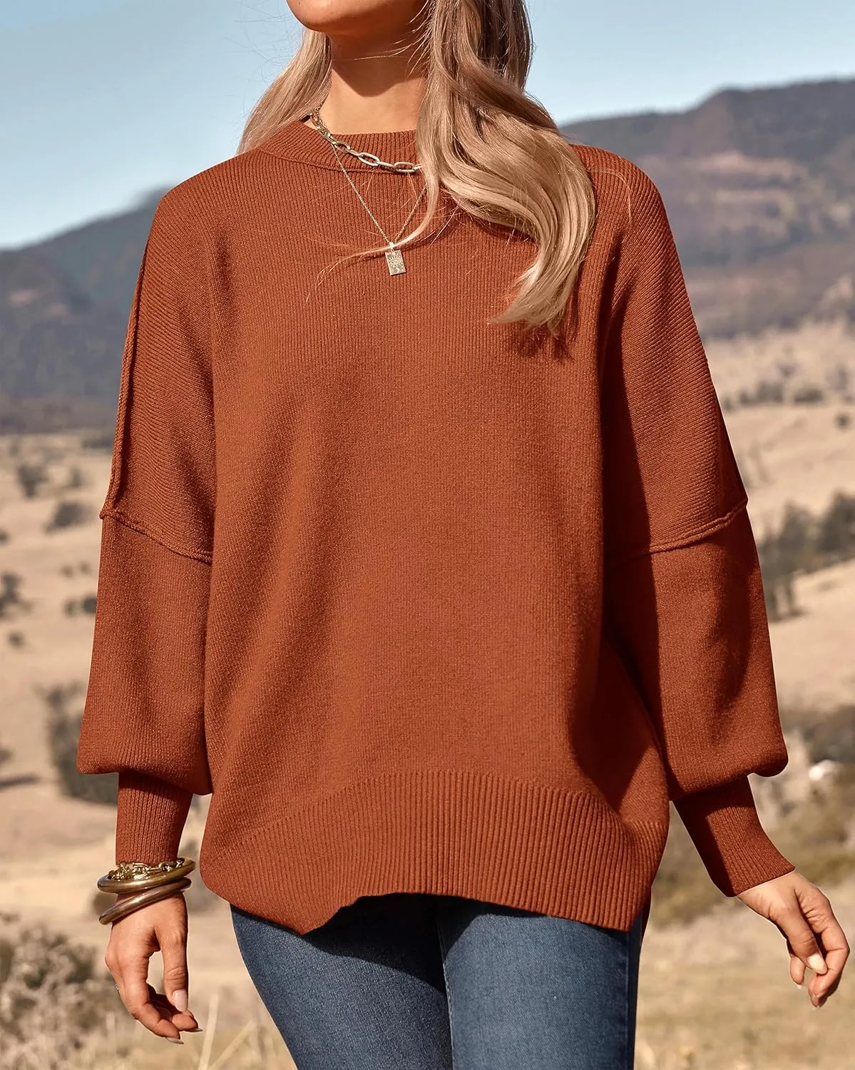 PRETTYGARDEN Women's Oversized Sweater 2025 Casual Spring Outfits Crewneck Long Sleeve Loose Slit Rib Knit Pullover Tops