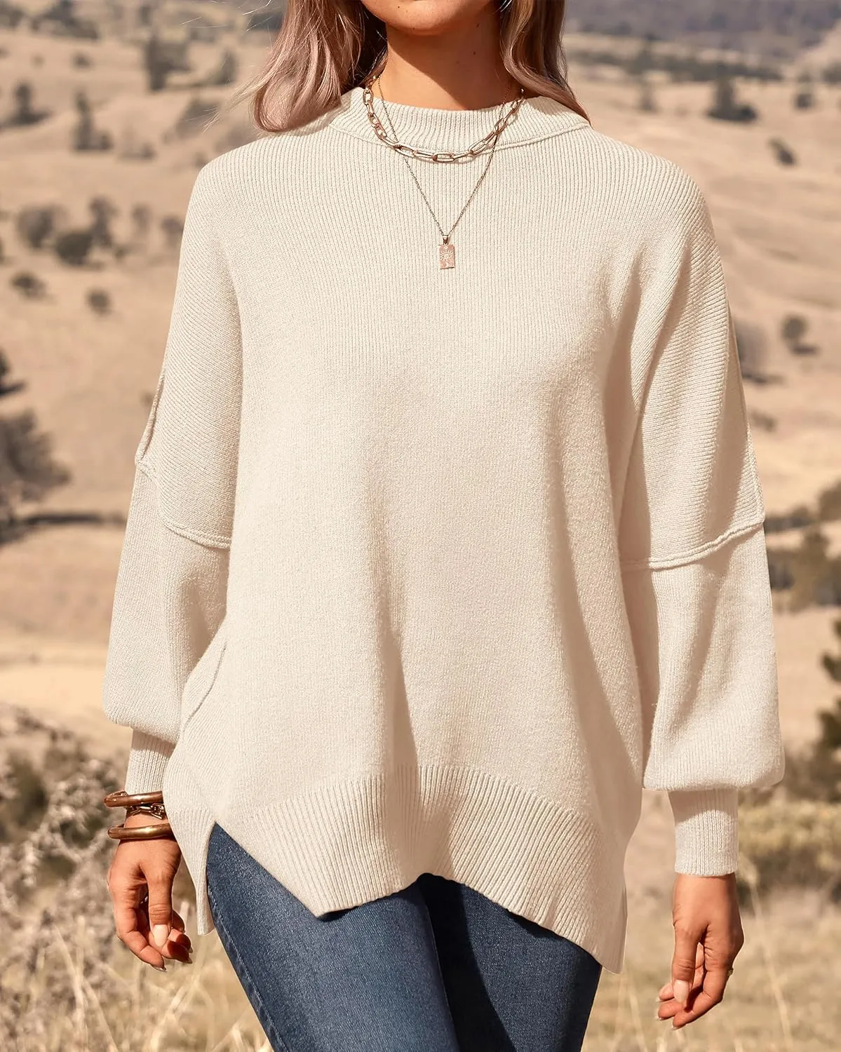 PRETTYGARDEN Women's Oversized Sweater 2025 Casual Spring Outfits Crewneck Long Sleeve Loose Slit Rib Knit Pullover Tops