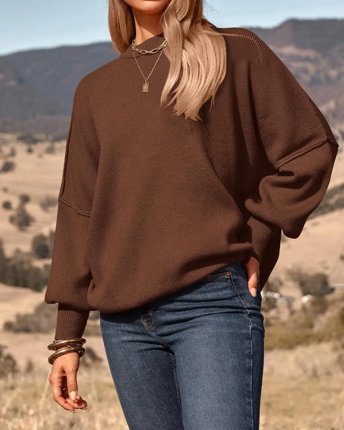 PRETTYGARDEN Women's Oversized Sweater 2025 Casual Spring Outfits Crewneck Long Sleeve Loose Slit Rib Knit Pullover Tops