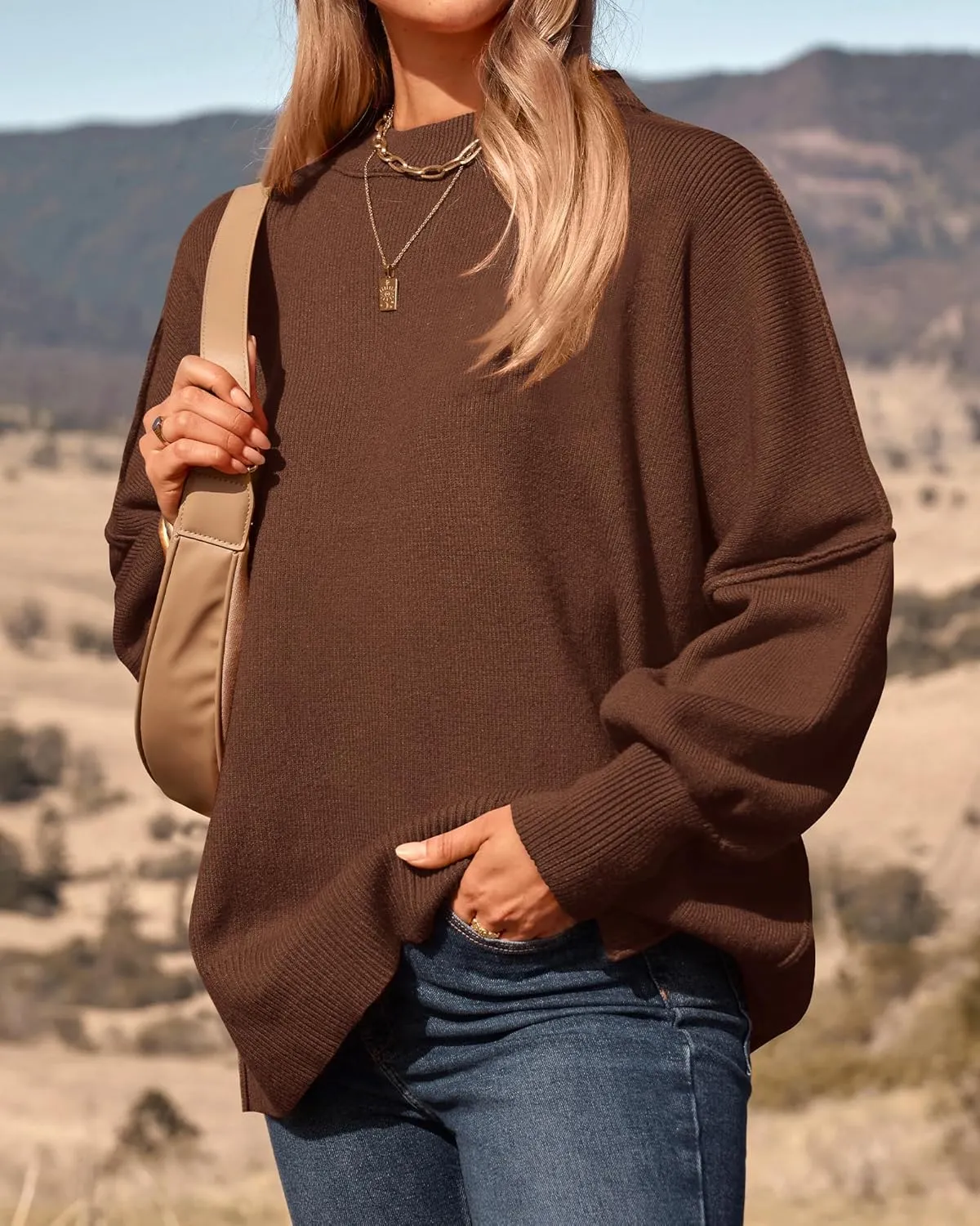 PRETTYGARDEN Women's Oversized Sweater 2025 Casual Spring Outfits Crewneck Long Sleeve Loose Slit Rib Knit Pullover Tops