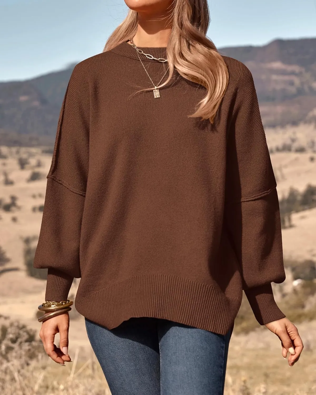 PRETTYGARDEN Women's Oversized Sweater 2025 Casual Spring Outfits Crewneck Long Sleeve Loose Slit Rib Knit Pullover Tops