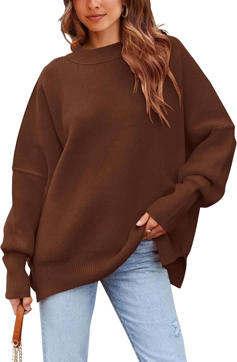 PRETTYGARDEN Women's Oversized Sweater 2025 Casual Spring Outfits Crewneck Long Sleeve Loose Slit Rib Knit Pullover Tops