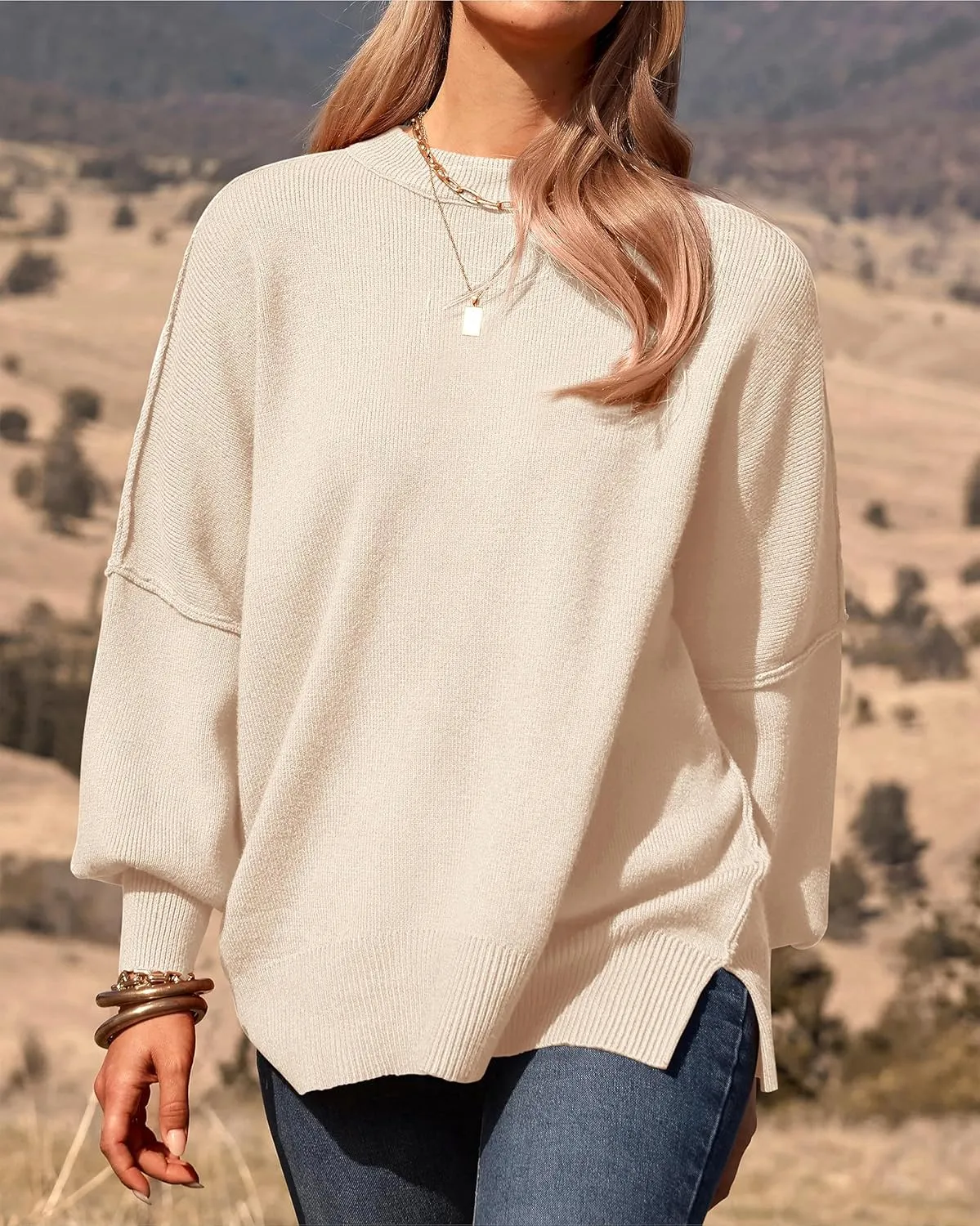 PRETTYGARDEN Women's Oversized Sweater 2025 Casual Spring Outfits Crewneck Long Sleeve Loose Slit Rib Knit Pullover Tops