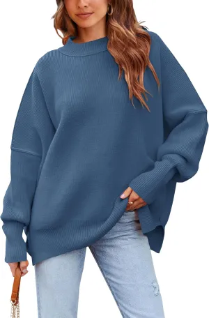 PRETTYGARDEN Women's Oversized Sweater 2025 Casual Spring Outfits Crewneck Long Sleeve Loose Slit Rib Knit Pullover Tops