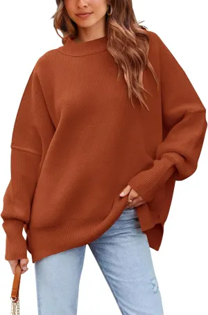 PRETTYGARDEN Women's Oversized Sweater 2025 Casual Spring Outfits Crewneck Long Sleeve Loose Slit Rib Knit Pullover Tops
