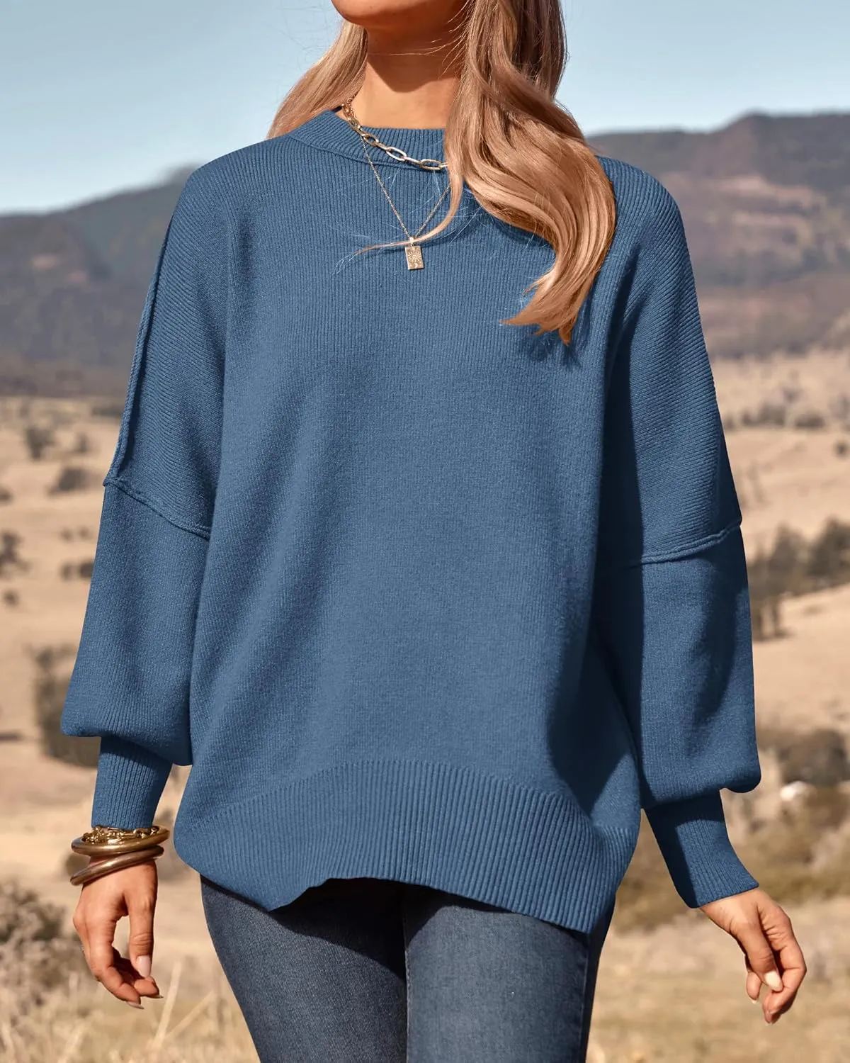 PRETTYGARDEN Women's Oversized Sweater 2025 Casual Spring Outfits Crewneck Long Sleeve Loose Slit Rib Knit Pullover Tops