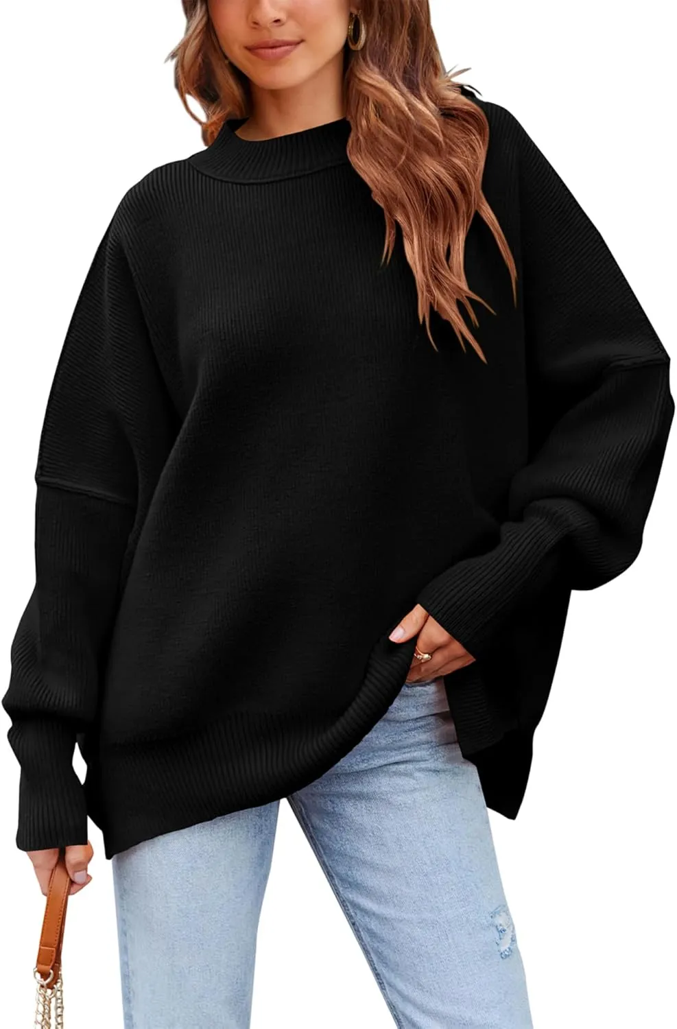 PRETTYGARDEN Women's Oversized Sweater 2025 Casual Spring Outfits Crewneck Long Sleeve Loose Slit Rib Knit Pullover Tops