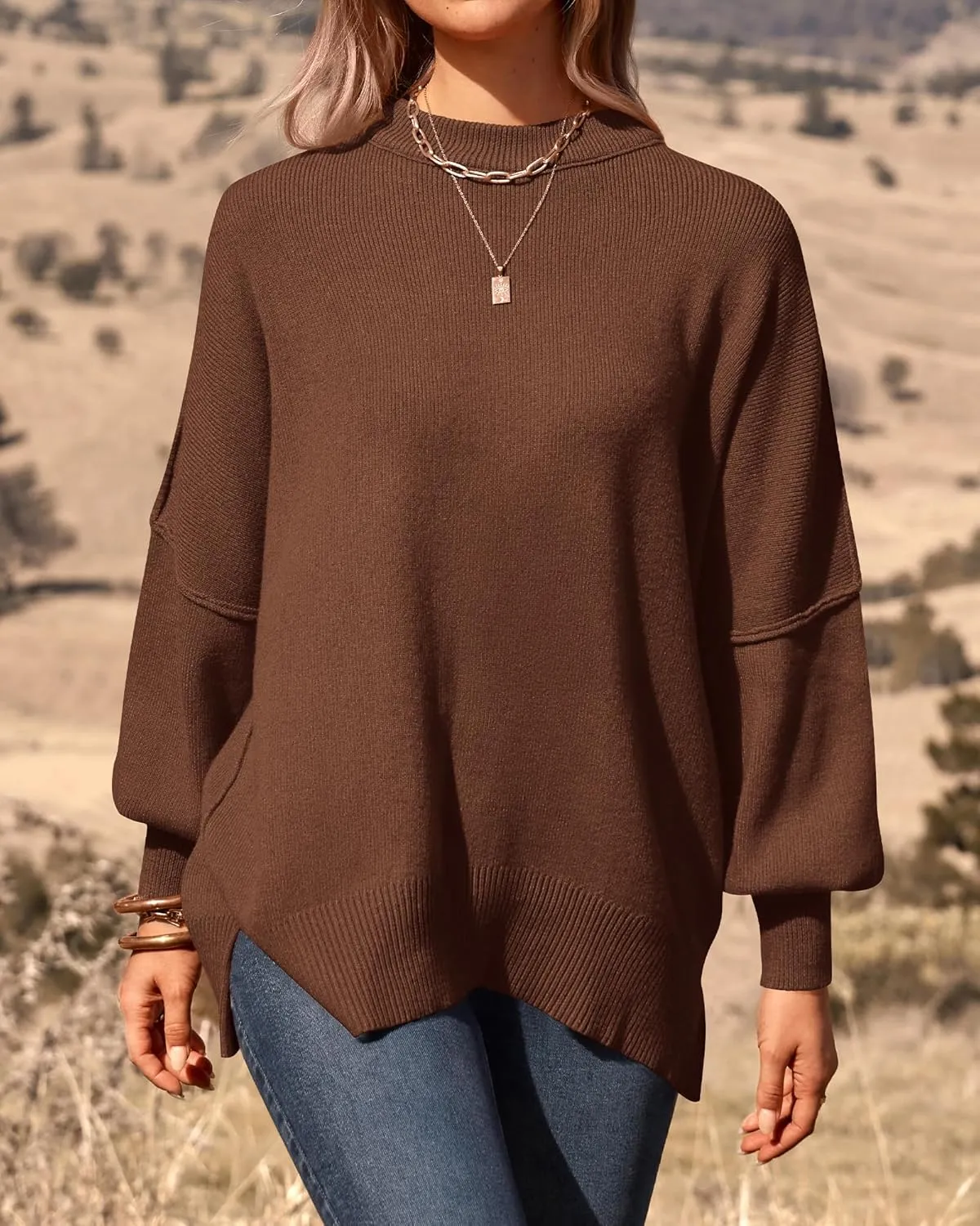 PRETTYGARDEN Women's Oversized Sweater 2025 Casual Spring Outfits Crewneck Long Sleeve Loose Slit Rib Knit Pullover Tops