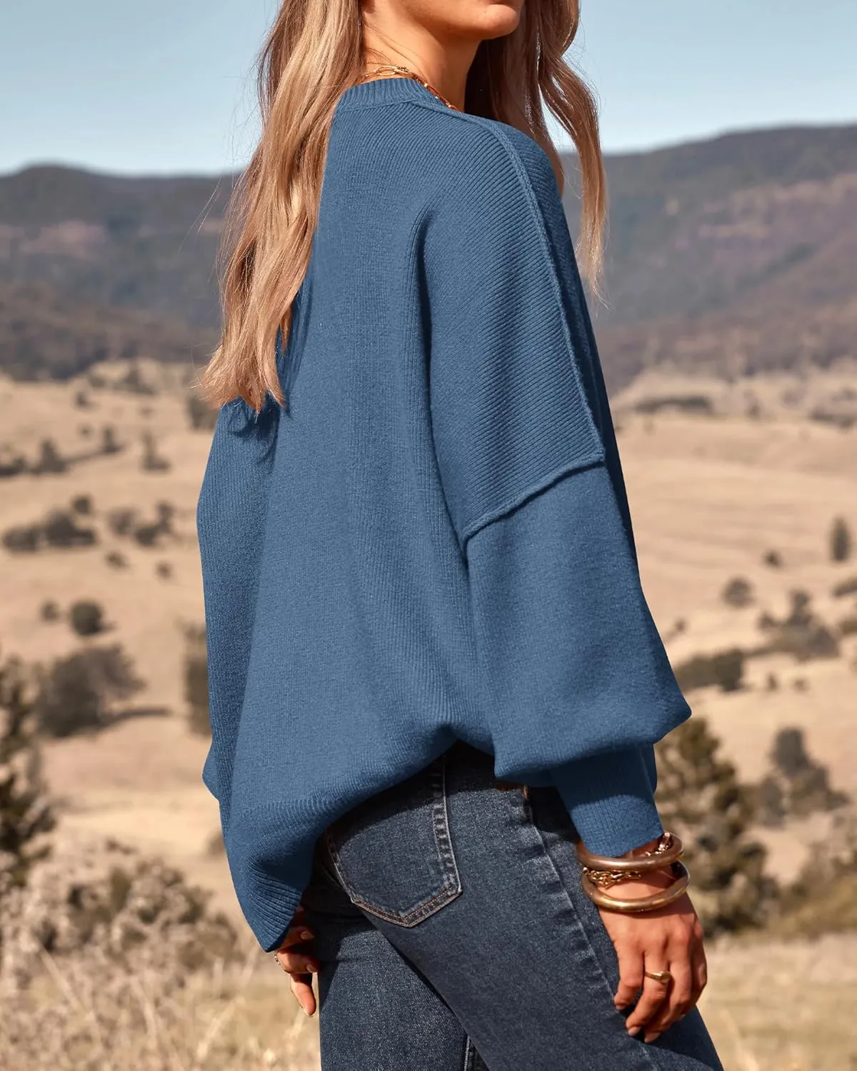 PRETTYGARDEN Women's Oversized Sweater 2025 Casual Spring Outfits Crewneck Long Sleeve Loose Slit Rib Knit Pullover Tops