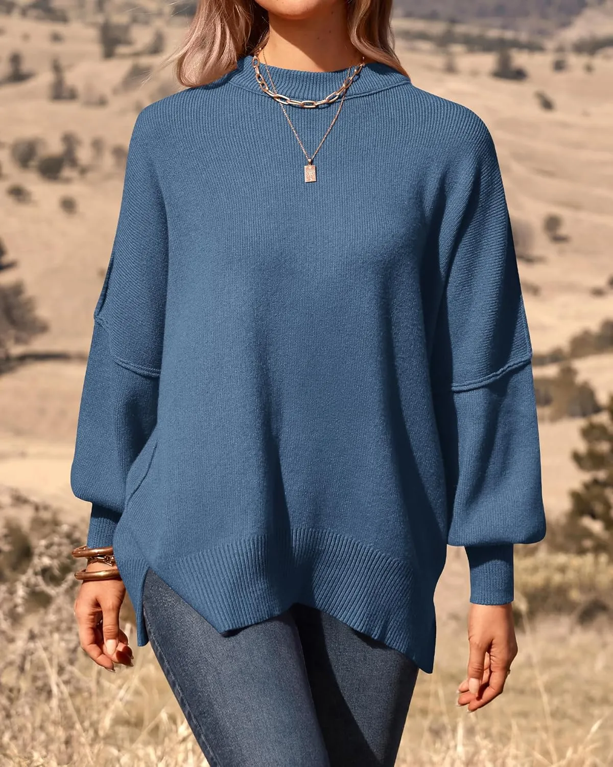 PRETTYGARDEN Women's Oversized Sweater 2025 Casual Spring Outfits Crewneck Long Sleeve Loose Slit Rib Knit Pullover Tops