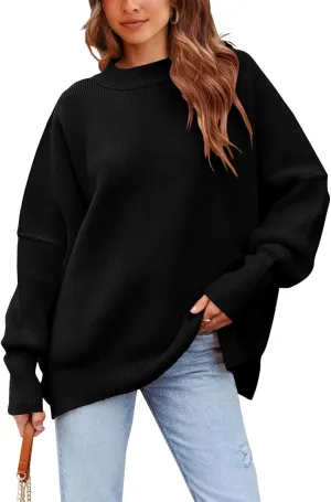 PRETTYGARDEN Women's Oversized Sweater 2025 Casual Spring Outfits Crewneck Long Sleeve Loose Slit Rib Knit Pullover Tops