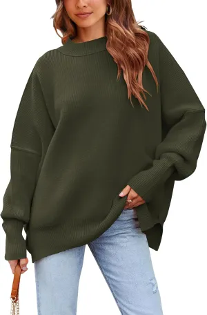 PRETTYGARDEN Women's Oversized Sweater 2025 Casual Spring Outfits Crewneck Long Sleeve Loose Slit Rib Knit Pullover Tops