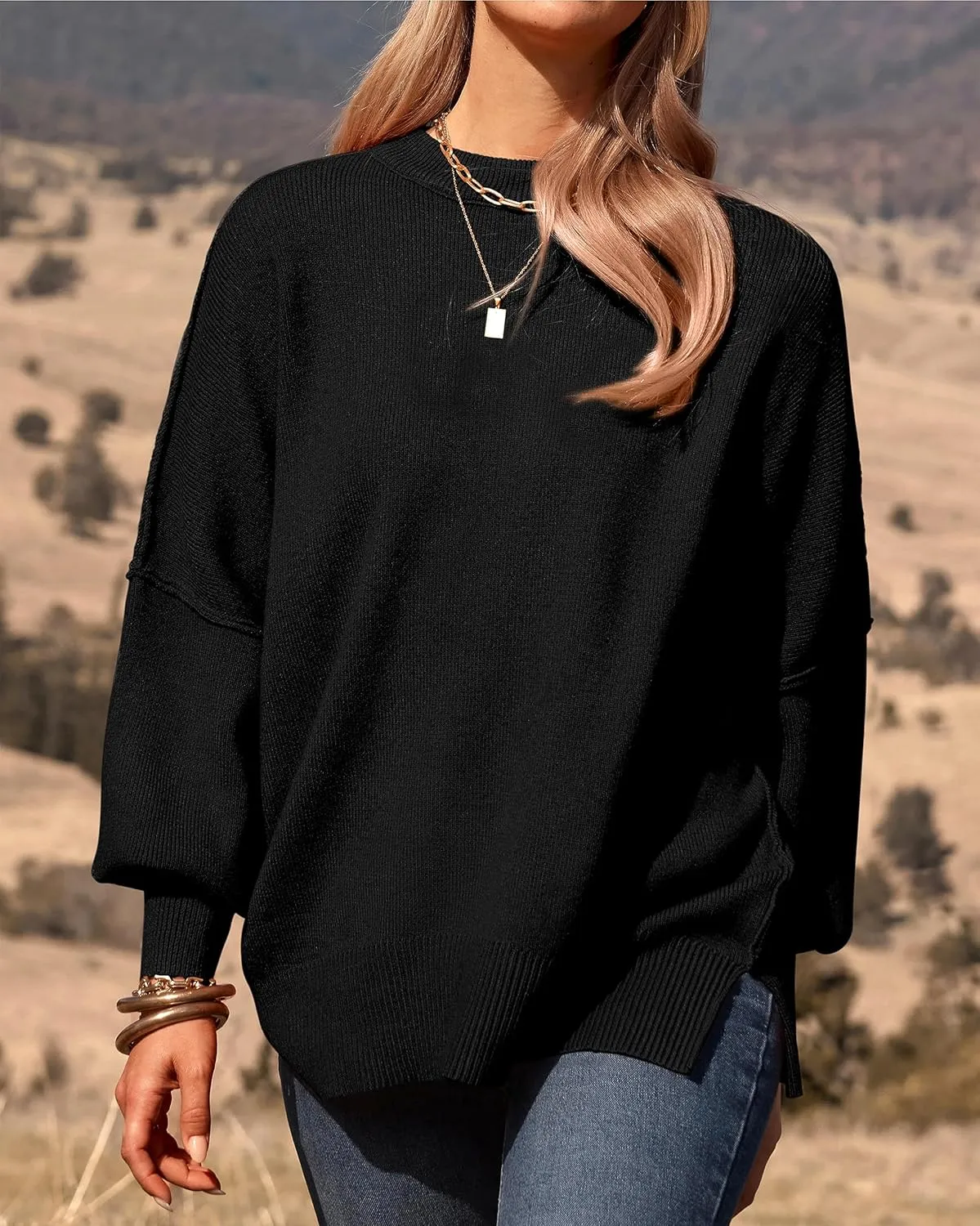 PRETTYGARDEN Women's Oversized Sweater 2025 Casual Spring Outfits Crewneck Long Sleeve Loose Slit Rib Knit Pullover Tops