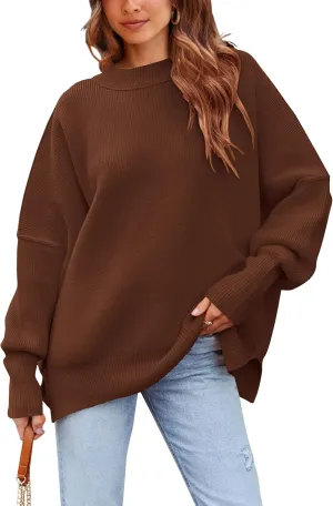 PRETTYGARDEN Women's Oversized Sweater 2025 Casual Spring Outfits Crewneck Long Sleeve Loose Slit Rib Knit Pullover Tops
