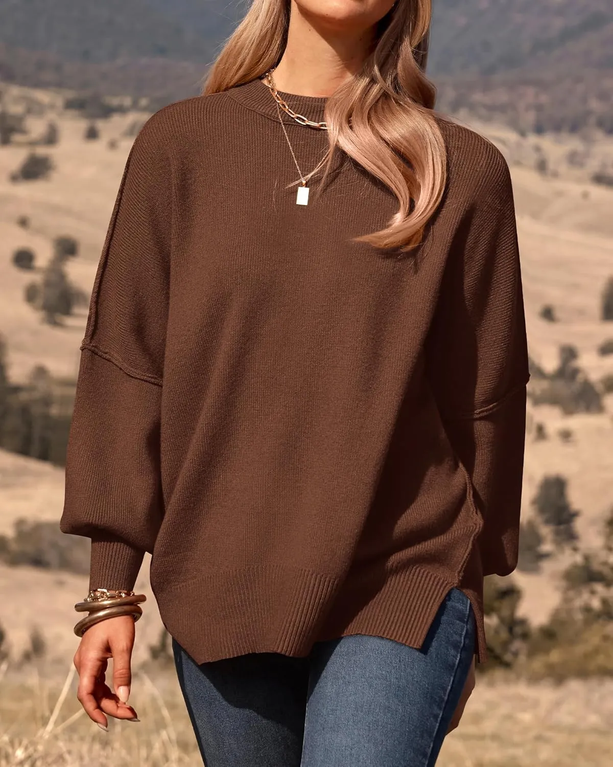 PRETTYGARDEN Women's Oversized Sweater 2025 Casual Spring Outfits Crewneck Long Sleeve Loose Slit Rib Knit Pullover Tops