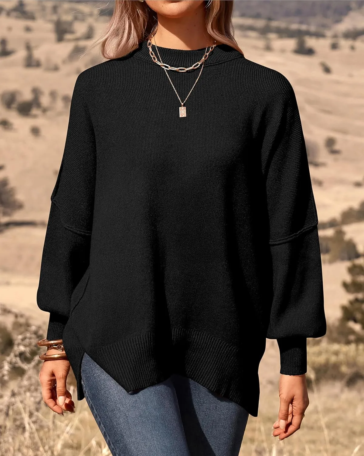 PRETTYGARDEN Women's Oversized Sweater 2025 Casual Spring Outfits Crewneck Long Sleeve Loose Slit Rib Knit Pullover Tops