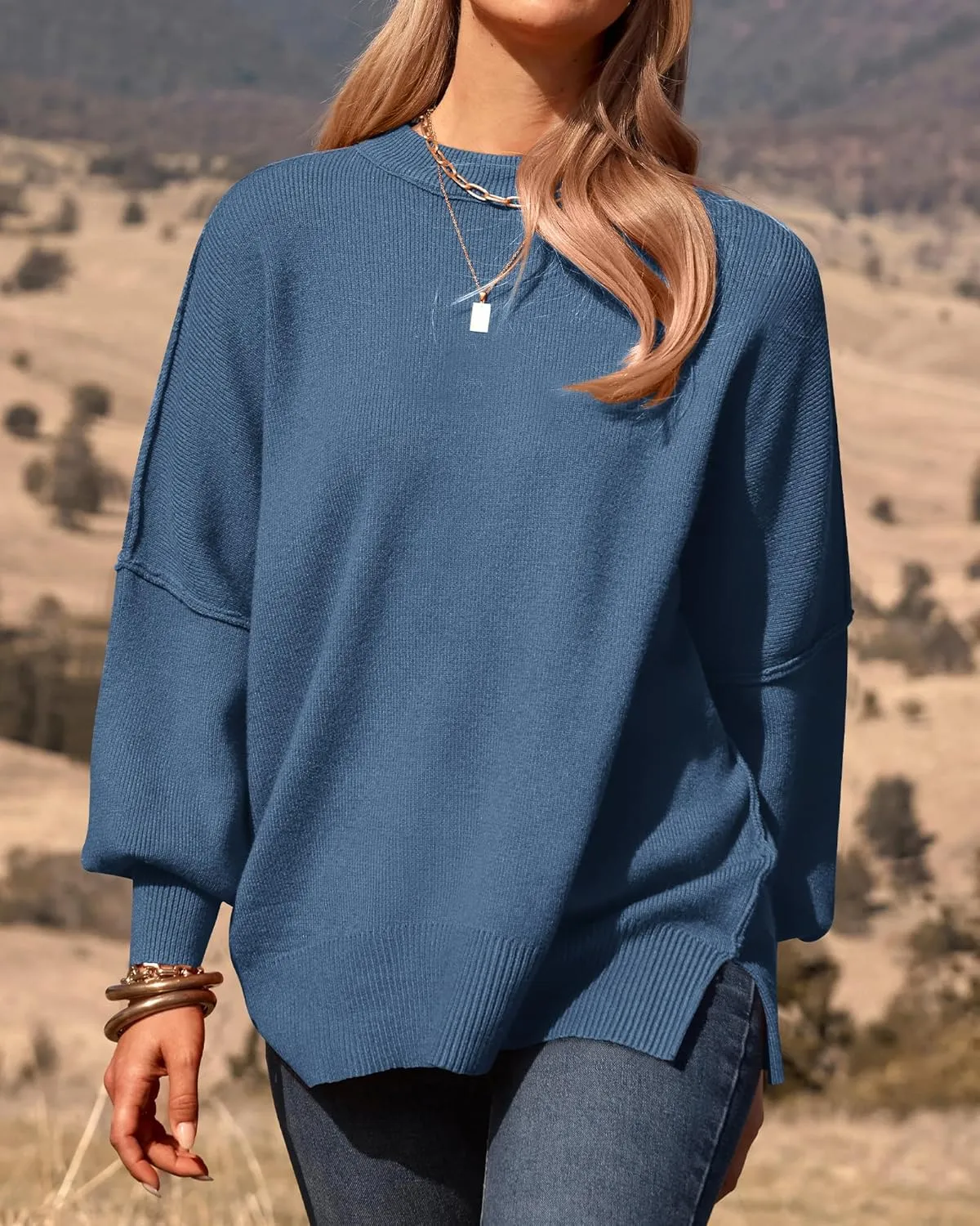 PRETTYGARDEN Women's Oversized Sweater 2025 Casual Spring Outfits Crewneck Long Sleeve Loose Slit Rib Knit Pullover Tops