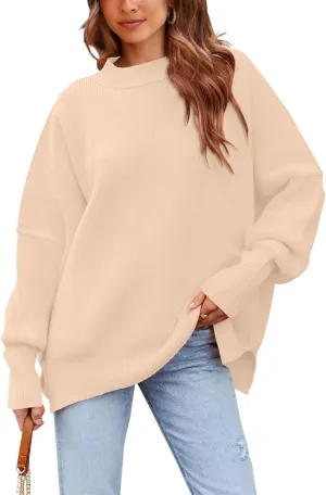 PRETTYGARDEN Women's Oversized Sweater 2025 Casual Spring Outfits Crewneck Long Sleeve Loose Slit Rib Knit Pullover Tops
