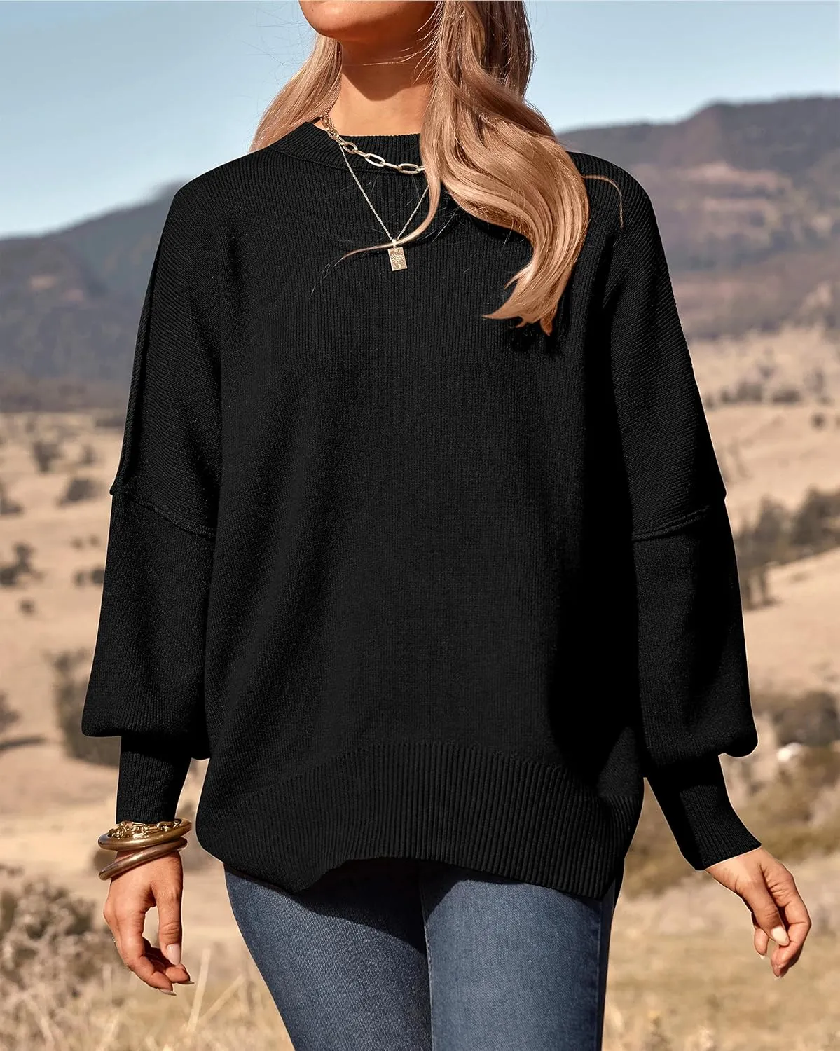 PRETTYGARDEN Women's Oversized Sweater 2025 Casual Spring Outfits Crewneck Long Sleeve Loose Slit Rib Knit Pullover Tops