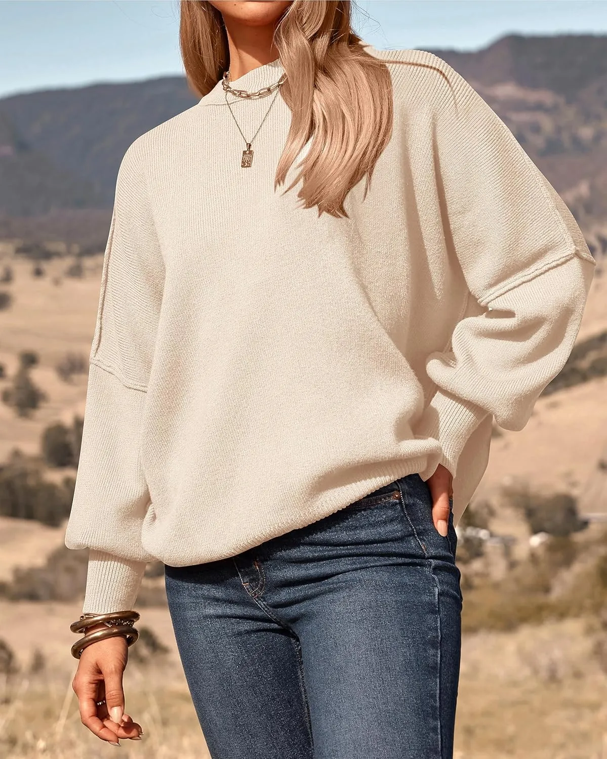 PRETTYGARDEN Women's Oversized Sweater 2025 Casual Spring Outfits Crewneck Long Sleeve Loose Slit Rib Knit Pullover Tops