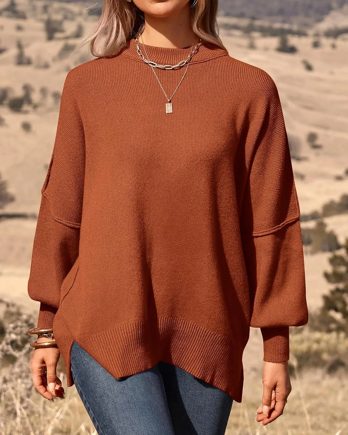 PRETTYGARDEN Women's Oversized Sweater 2025 Casual Spring Outfits Crewneck Long Sleeve Loose Slit Rib Knit Pullover Tops
