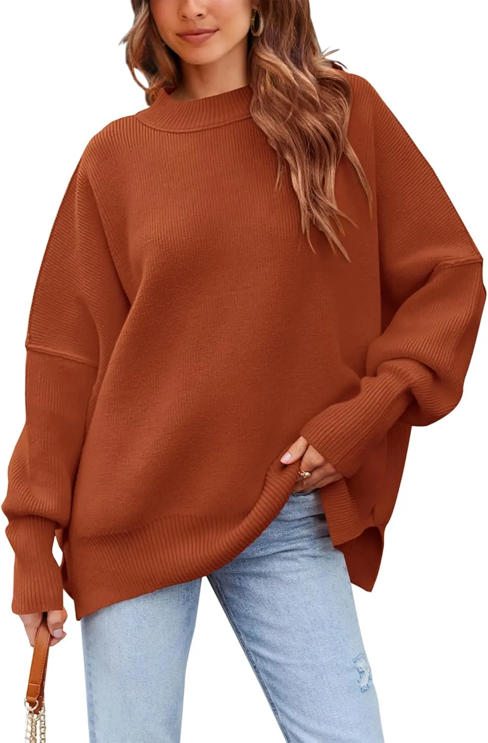 PRETTYGARDEN Women's Oversized Sweater 2025 Casual Spring Outfits Crewneck Long Sleeve Loose Slit Rib Knit Pullover Tops