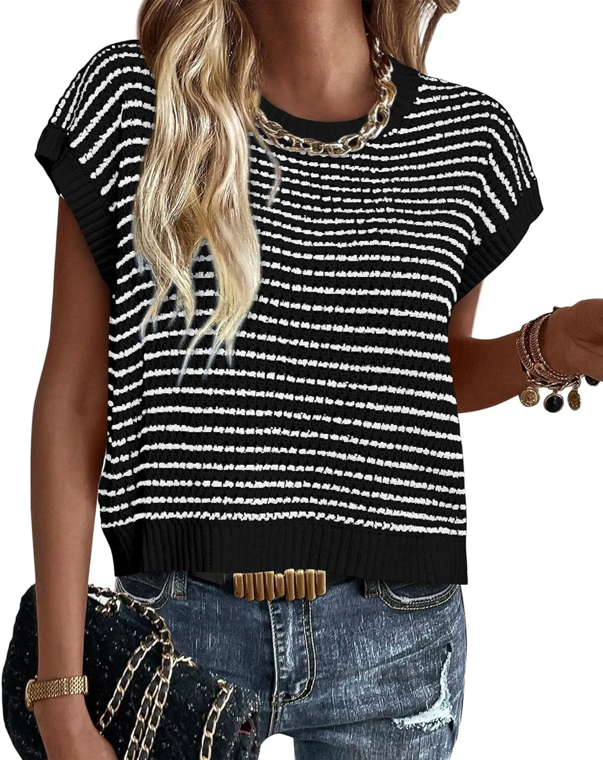 PRETTYGARDEN Womens Short Sleeve Sweater Spring Summer 2025 Round Neck Striped Pullover Cap Sleeve Knit Sweater Vest Tops