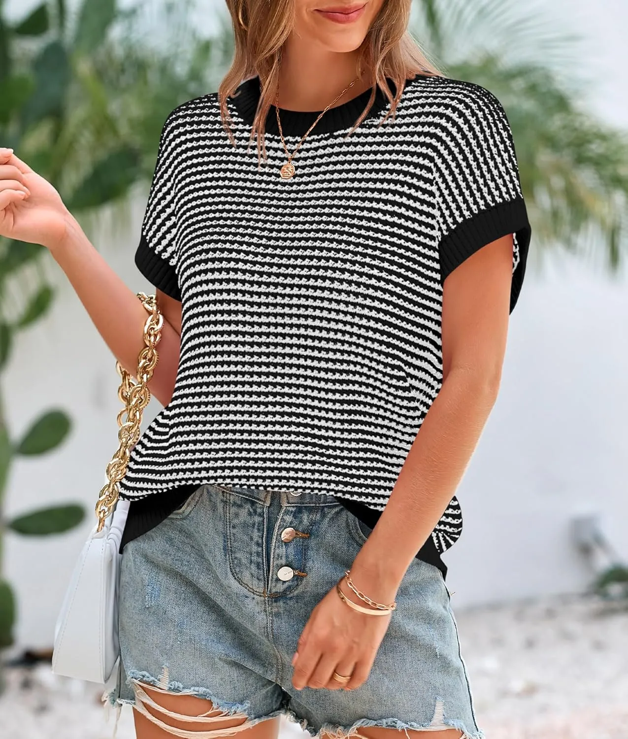 PRETTYGARDEN Womens Short Sleeve Sweater Spring Summer 2025 Round Neck Striped Pullover Cap Sleeve Knit Sweater Vest Tops